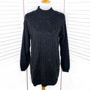 Vintage Bonnie & Bill 80s Beaded Mock Neck Tunic Sweater Black Large Monochrome